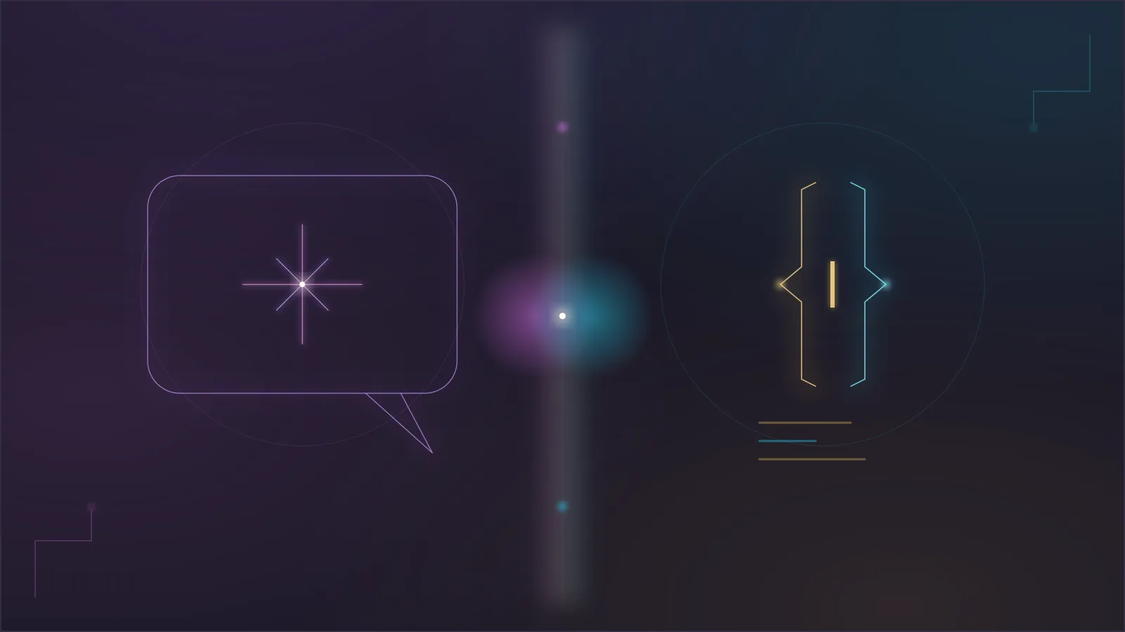 Split arcane-circuit sigil, a violet speech-bubble with a hype spark on the left and gold-and-cyan code braces on the right, the Two Karpathys mark