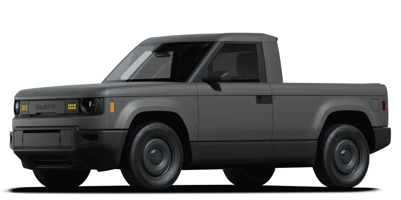 The base Slate Truck in its unpainted grey composite body on black steel wheels, side profile