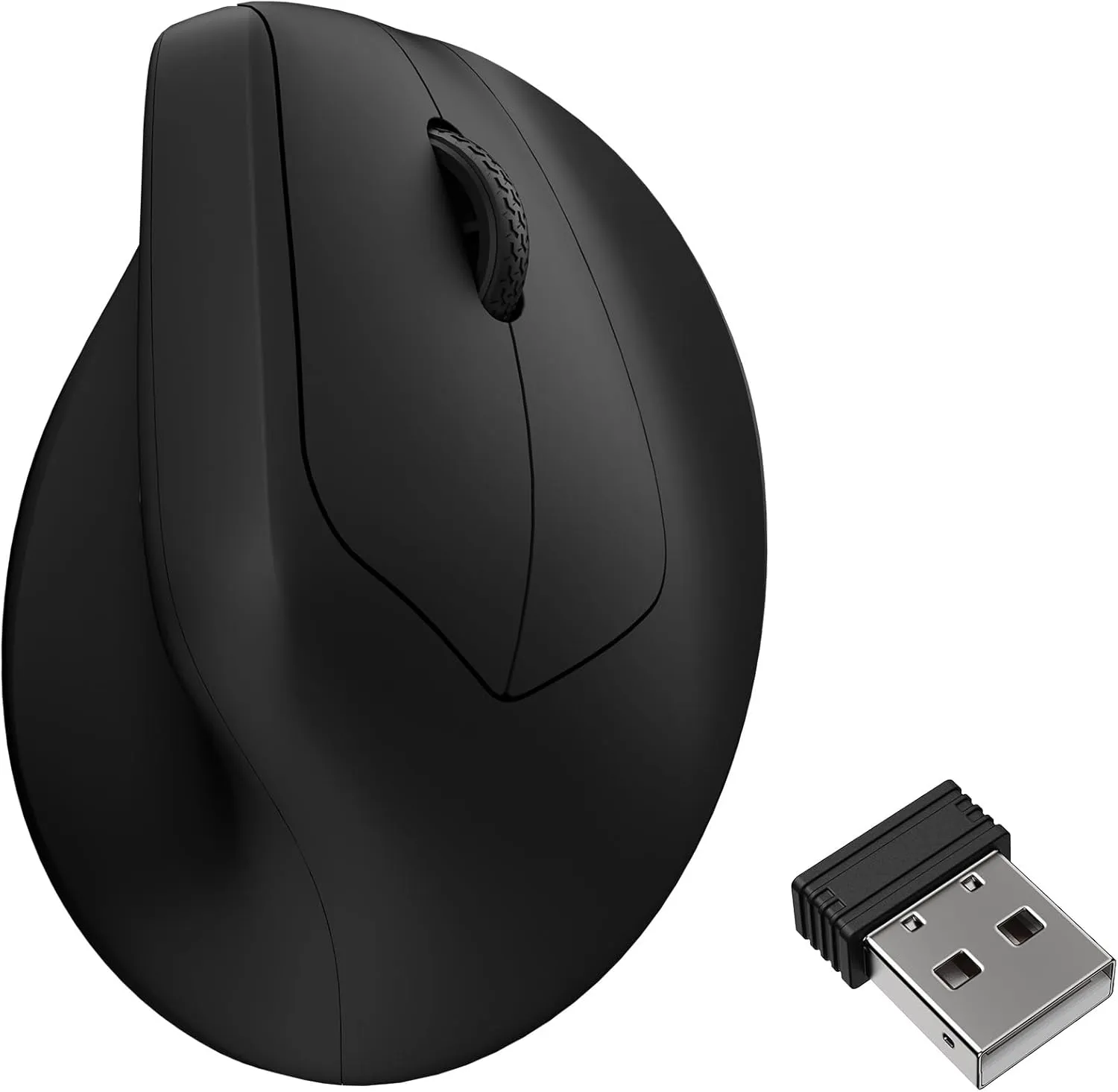 The Keychron M5 vertical mouse, black, beside its 2.4 GHz USB receiver