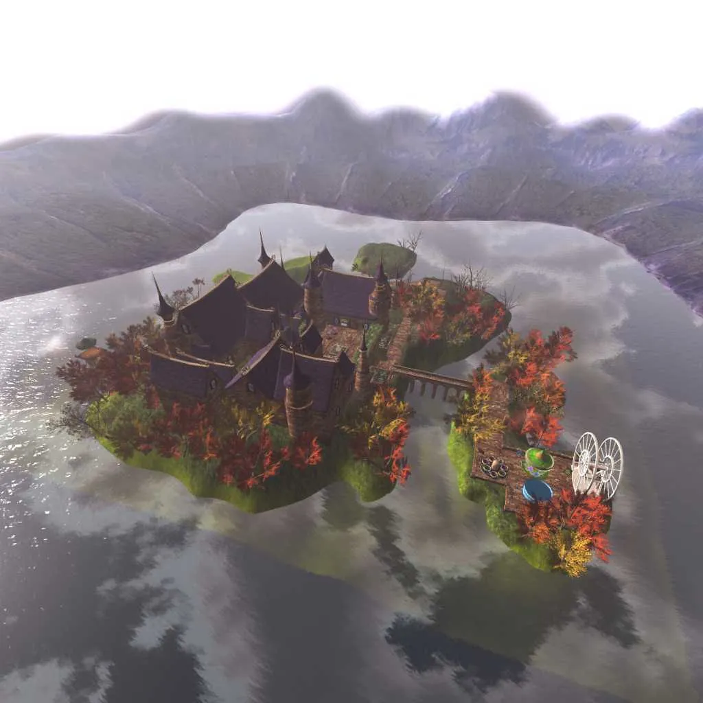Digital artwork of a temple on a floating island wreathed in mist