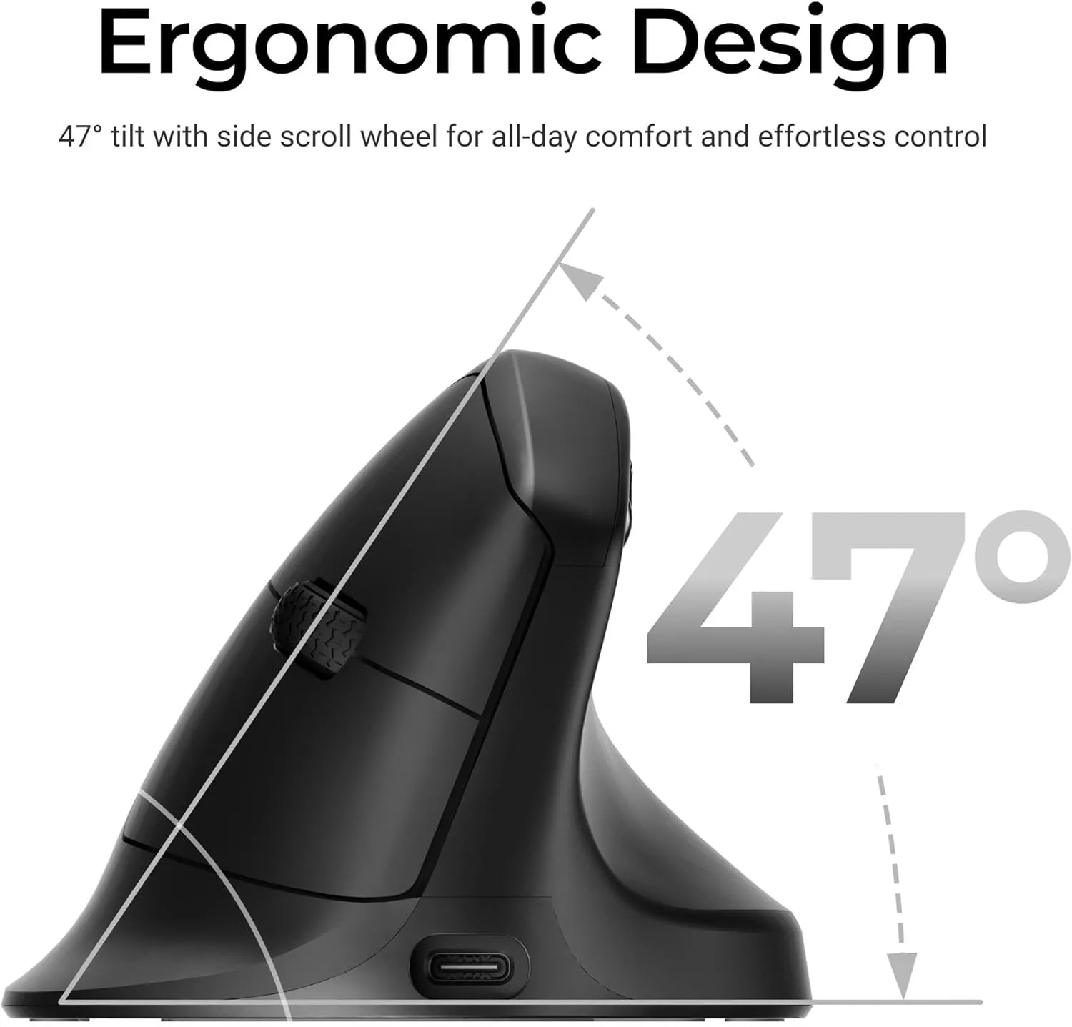 Side view of the M5 showing its 47-degree ergonomic tilt and side scroll wheel