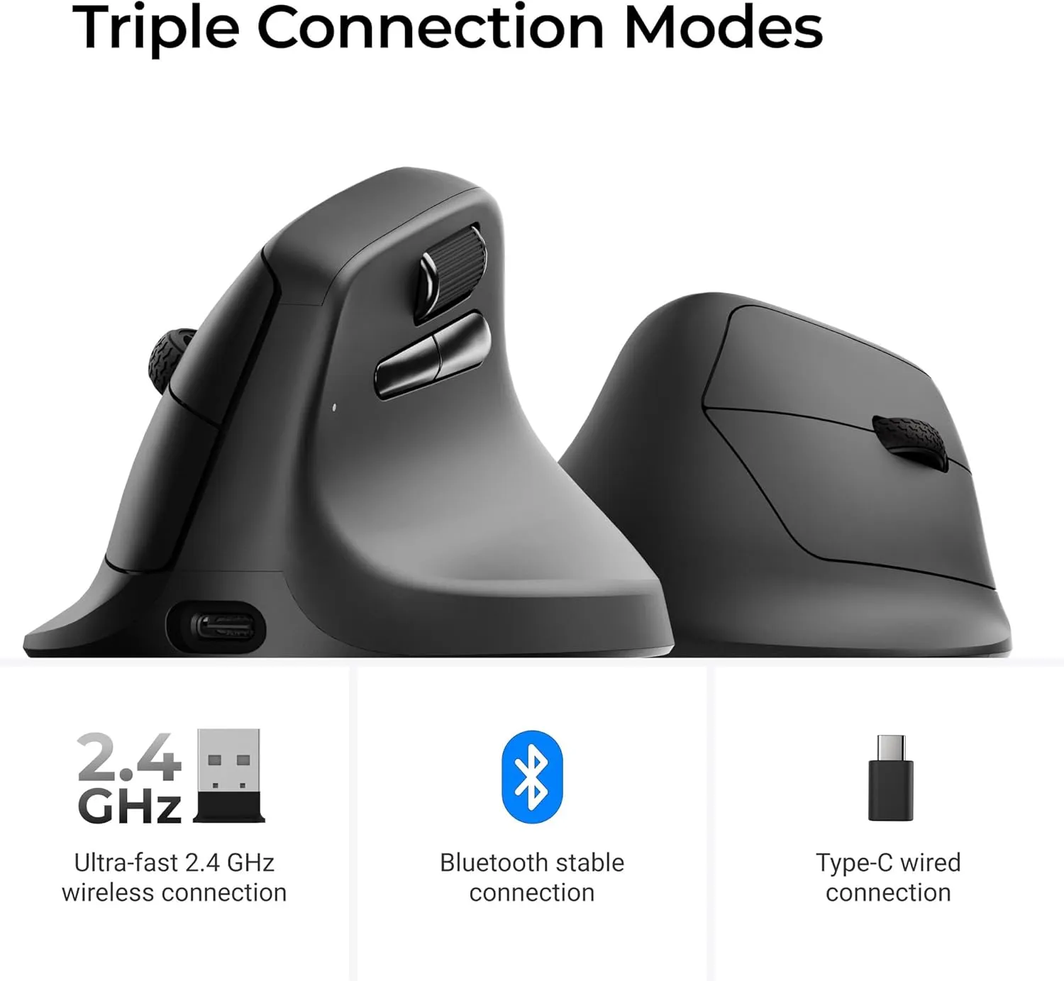 The M5's three connection modes: 2.4 GHz wireless, Bluetooth, and USB-C wired